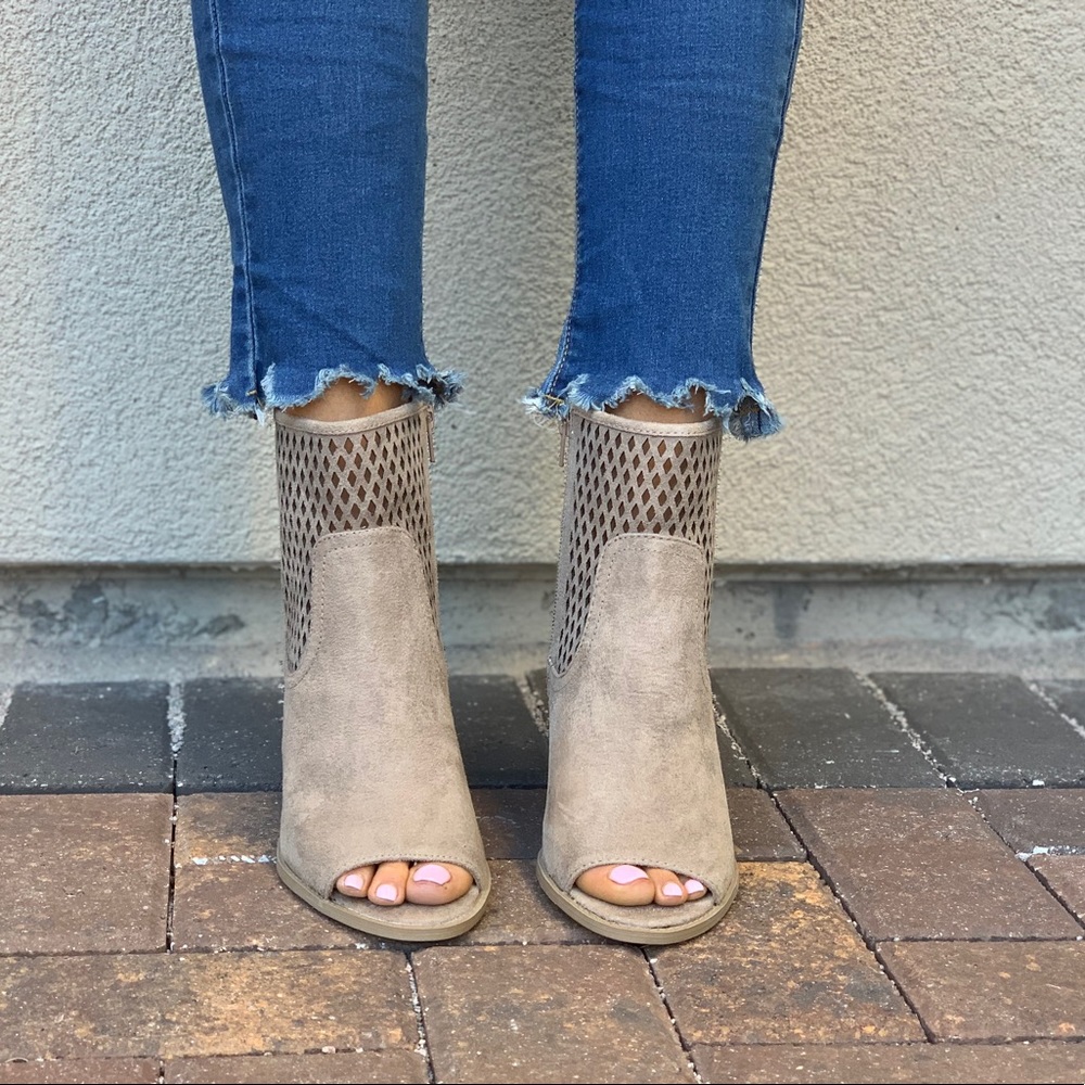 Taupe Peep Toe Perforated Laser Cut Ankle Bootie - Picture 4 of 8
